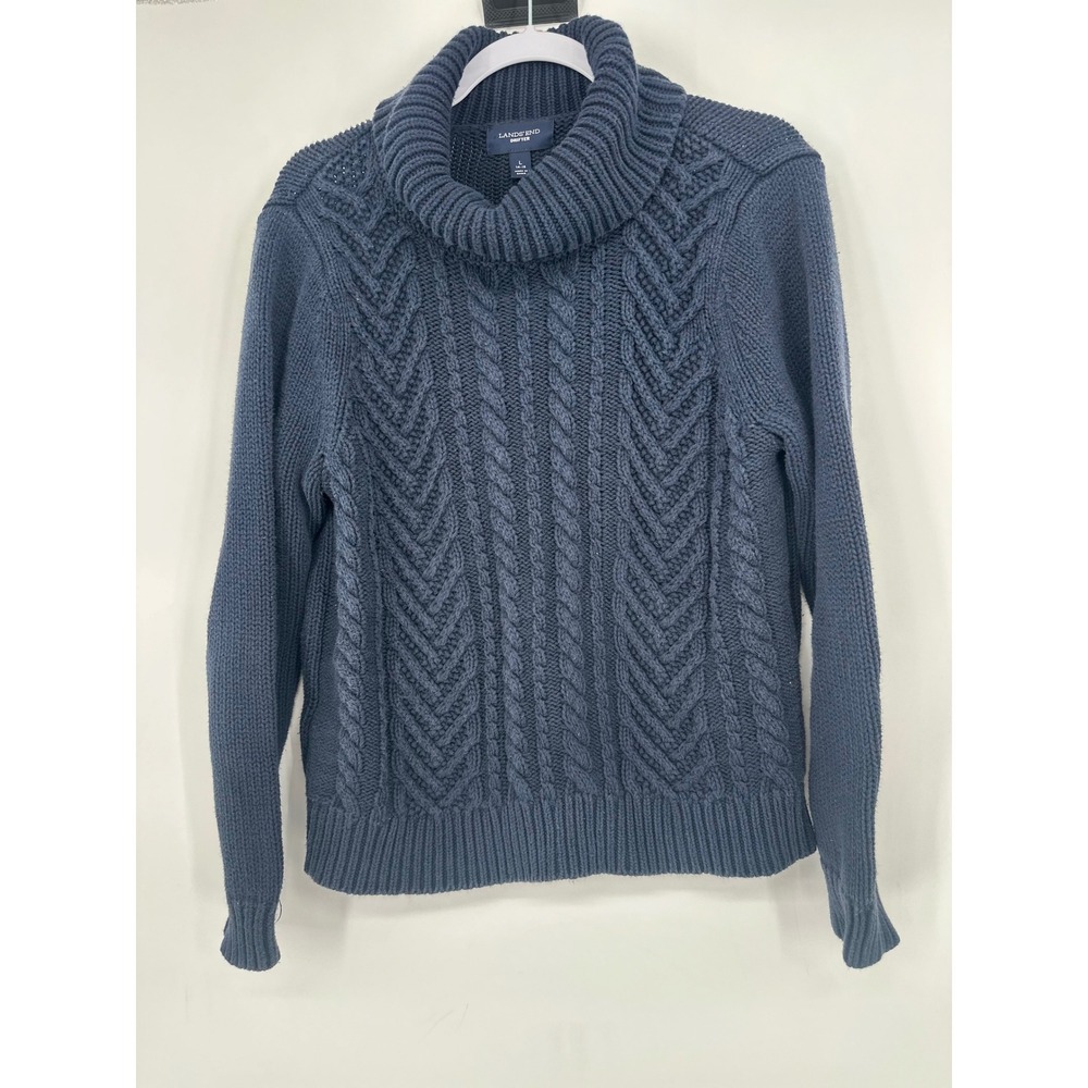 Lands End Drifter Blue Cableknit Turtleneck Sweater Womens Large Fisherman
